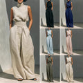 Casual Sleeveless Suit Summer Stand-up Collar Pullover Top And Loose Straight-leg Trousers Women's Clothing