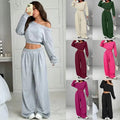 Casual 2-piece Set One-shoulder Long-sleeved Sweatshirt Women's Suit Autumn New Fashion Elastic Waist Tie Loose Sports Trousers