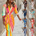 Fashion Printed Shirt Dress With Belt Slim Fit Three-quarter Sleeve Lapel Dress For Women Clothing